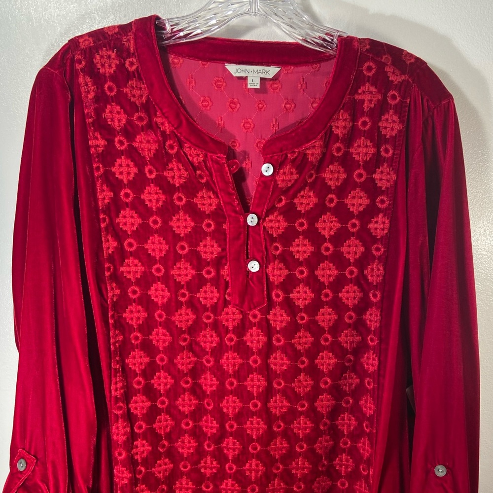 NWT JOHN MARK Large Crimson Velvet Embroidered Top